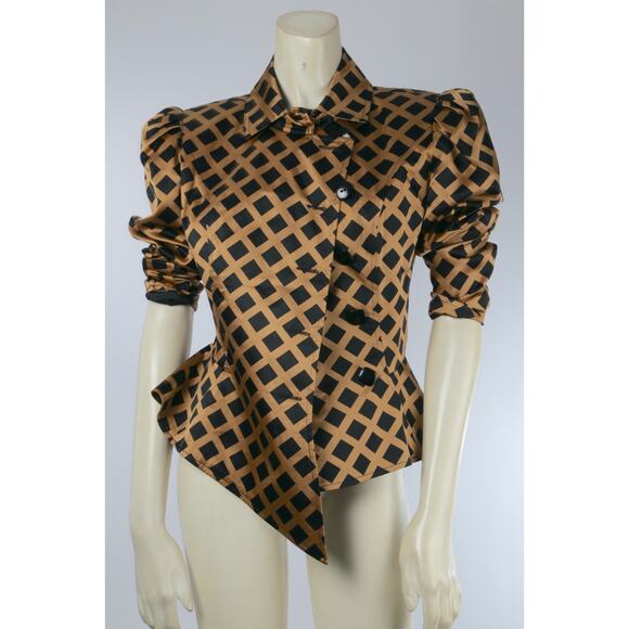 Richard Warren Pure Silk Vintage Peplum Blazer Beige Black Diamond Grid Size 4 - Picture 4 of 15